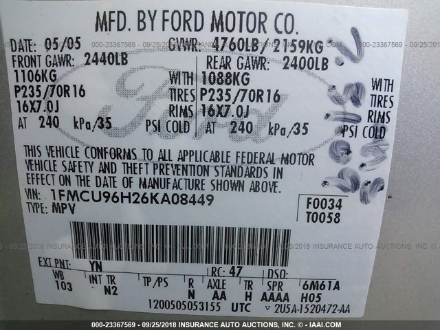 1FMCU96H26KA08449 - 2006 FORD ESCAPE HEV SILVER photo 9