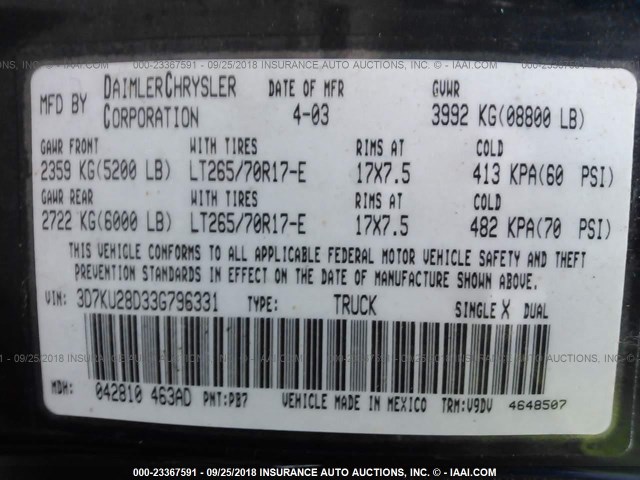 3D7KU28D33G796331 - 2003 DODGE RAM 2500 ST/SLT 蓝色 照片 9