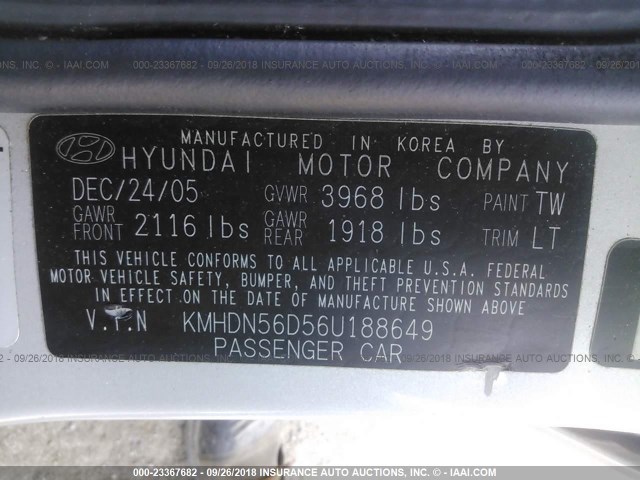 KMHDN56D56U188649 - 2006 HYUNDAI ELANTRA GLS/GT/LIMITED SILVER photo 9