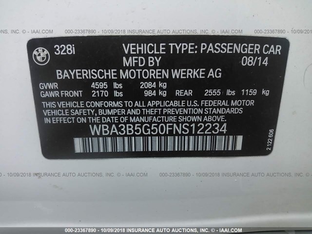 WBA3B5G50FNS12234 - 2015 BMW 328 XI SULEV WHITE photo 9