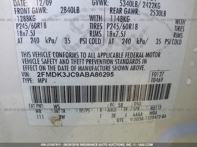 2FMDK3JC9ABA86295 - 2010 FORD EDGE SEL WHITE photo 9