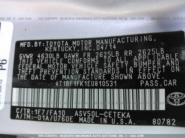 4T1BF1FK1EU810531 - 2014 TOYOTA CAMRY L/SE/LE/XLE Gümüş foto 9