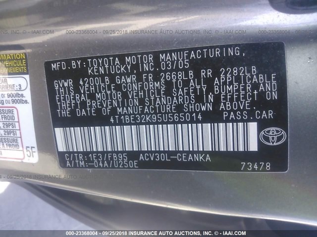 4T1BE32K95U565014 - 2005 TOYOTA CAMRY LE/XLE/SE Қоңыр фото 9