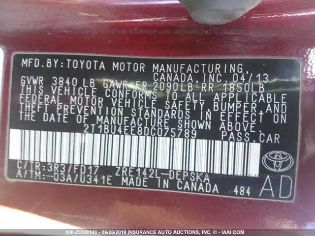 2T1BU4EE8DC075789 - 2013 TOYOTA COROLLA S/LE RED photo 9