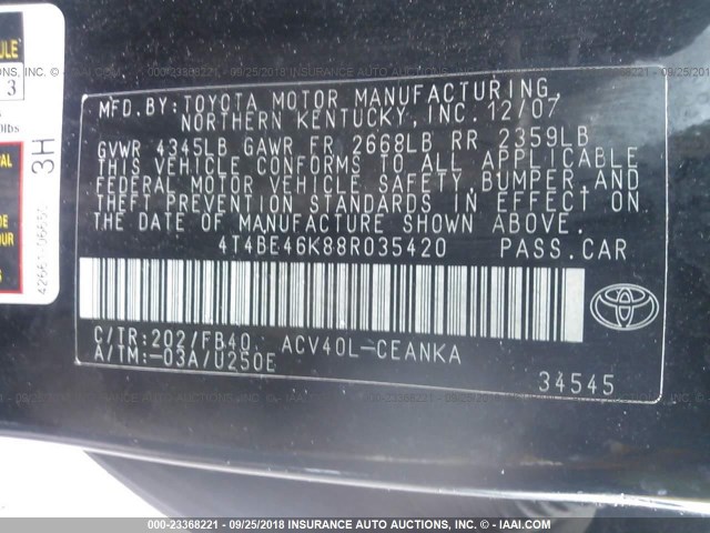 4T4BE46K88R035420 - 2008 TOYOTA CAMRY CE/LE/XLE/SE BLACK photo 9