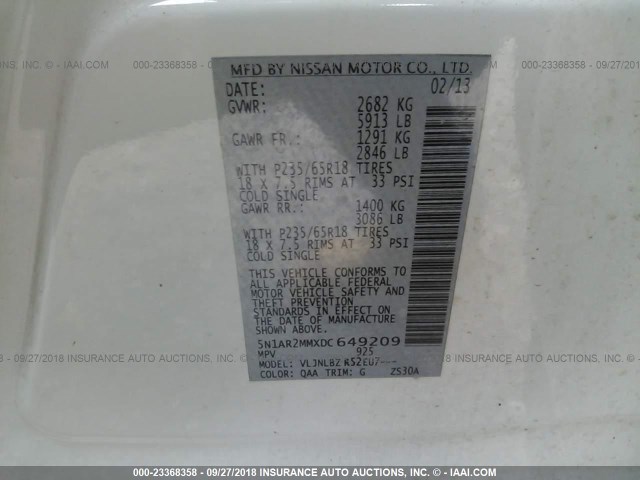 5N1AR2MMXDC649209 - 2013 NISSAN PATHFINDER S/SV/SL/PLATINUM WHITE photo 9