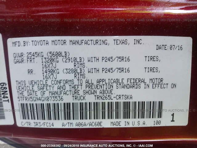 5TFRX5GN4GX073536 - 2016 TOYOTA TACOMA ACCESS CAB/SR/SR5 წითელი ფოტო 9