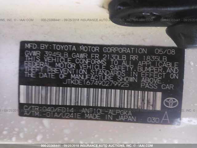 JTKDE167490279925 - 2009 TOYOTA SCION TC 白色 照片 9