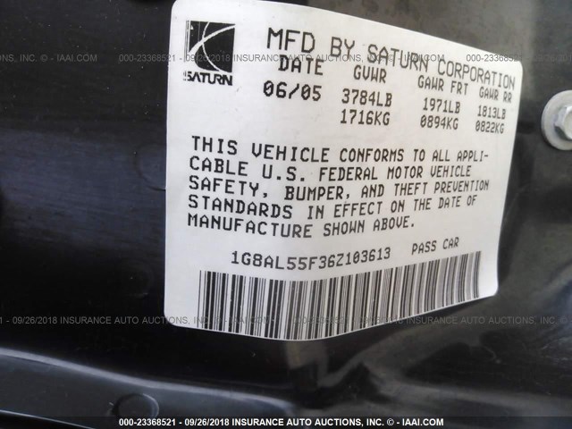 1G8AL55F36Z103613 - 2006 SATURN ION LEVEL 3 GRAY photo 9