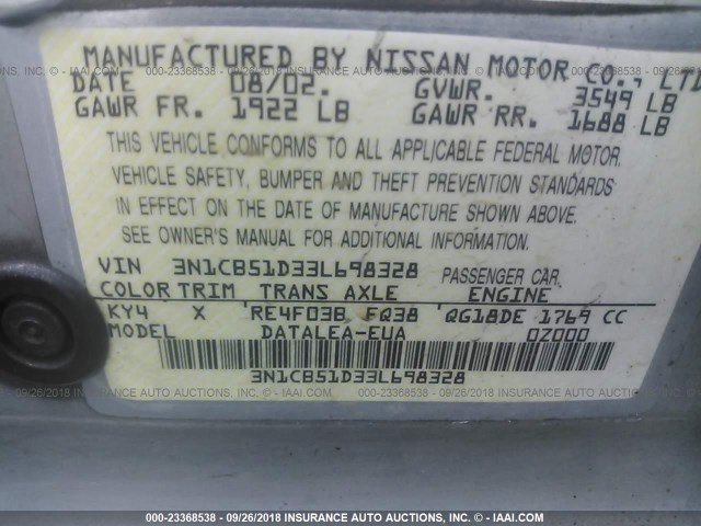 3N1CB51D33L698328 - 2003 NISSAN SENTRA XE/GXE SILVER photo 9