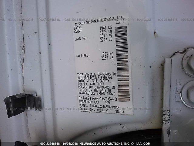 1N4AL21E49N462648 - 2009 NISSAN ALTIMA 2.5/2.5S WHITE photo 9