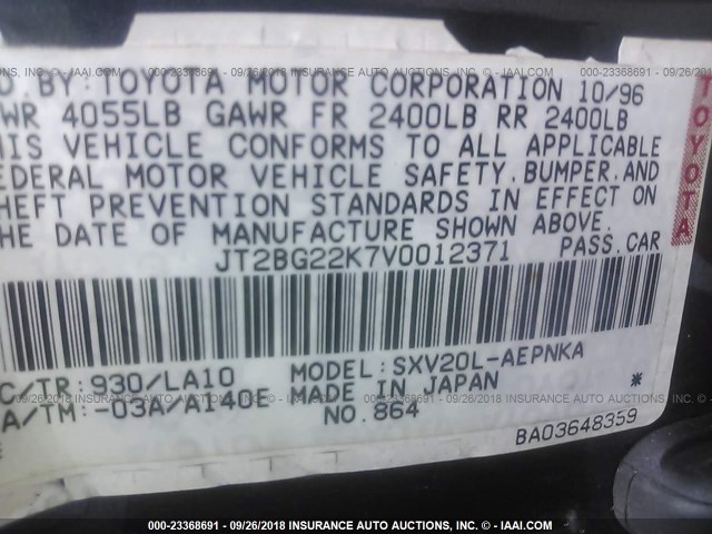 JT2BG22K7V0012371 - 1997 TOYOTA CAMRY LE/XLE 灰色 照片 9