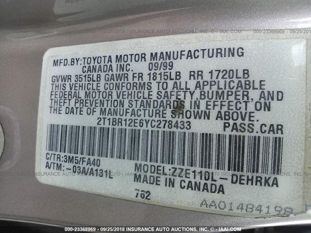 2T1BR12E6YC278433 - 2000 TOYOTA COROLLA VE/CE/LE 金色 照片 9