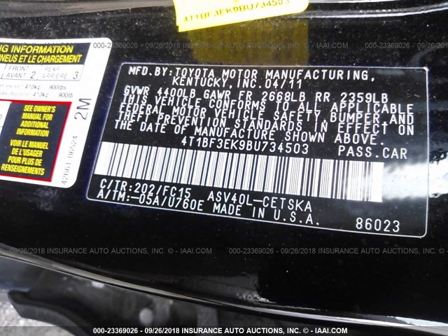 4T1BF3EK9BU734503 - 2011 TOYOTA CAMRY SE/LE/XLE 黑色 照片 9