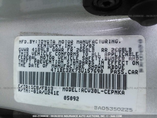 4T1BE32K73U157690 - 2003 TOYOTA CAMRY LE/XLE/SE Күміс фото 9