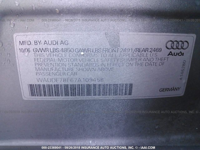 WAUDF78E67A109458 - 2007 AUDI A4 2.0T QUATTRO SILVER photo 9