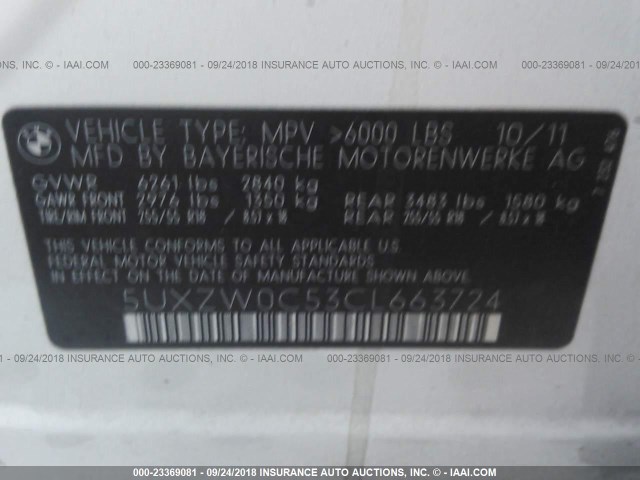 5UXZW0C53CL663724 - 2012 BMW X5 XDRIVE35D WHITE photo 9