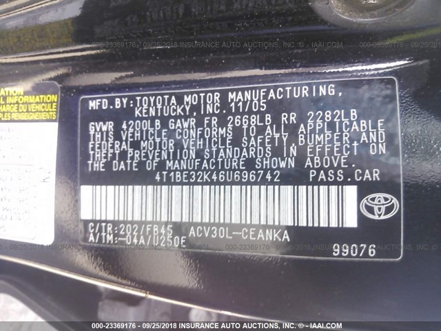 4T1BE32K46U696742 - 2006 TOYOTA CAMRY LE/XLE/SE Qara foto 9