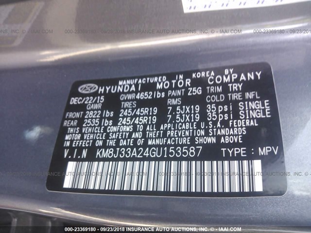 KM8J33A24GU153587 - 2016 HYUNDAI TUCSON LIMITED/SPORT AND ECO/SE GRAY photo 9