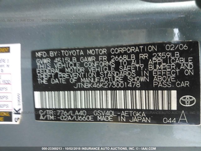 JTNBK46K273001478 - 2007 TOYOTA CAMRY NEW GENERAT LE/XLE/SE GREEN photo 9