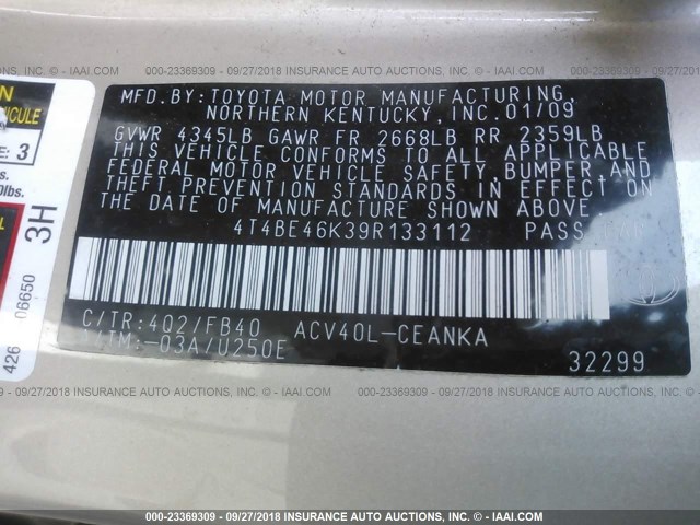 4T4BE46K39R133112 - 2009 TOYOTA CAMRY SE/LE/XLE ოქროსფერი ფოტო 9