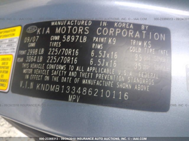 KNDMB133486210116 - 2008 KIA SEDONA BLUE photo 9