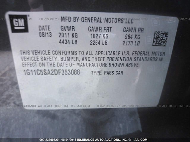 1G11C5SA2DF353088 - 2013 CHEVROLET MALIBU 1LT GRAY photo 9