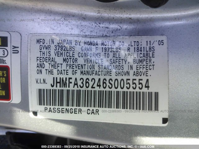 JHMFA36246S005554 - 2006 HONDA CIVIC HYBRID SILVER photo 9