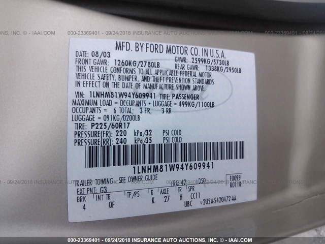 1LNHM81W94Y609941 - 2004 LINCOLN TOWN CAR EXECUTIVE/SIGNATURE Altın fotoğraf 9