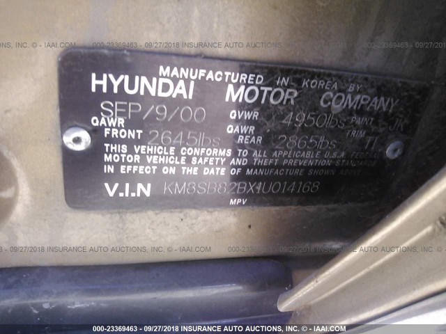 KM8SB82BX1U014168 - 2001 HYUNDAI SANTA FE GOLD photo 9