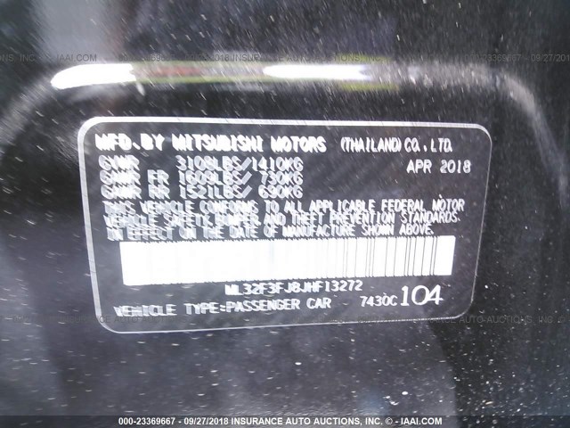 ML32F3FJ8JHF13272 - 2018 MITSUBISHI MIRAGE G4 ES შავი ფოტო 9