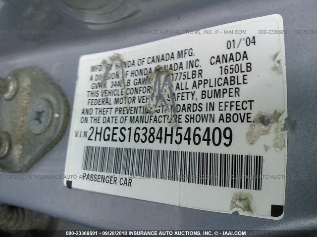 2HGES16384H546409 - 2004 HONDA CIVIC DX VP SILVER photo 9