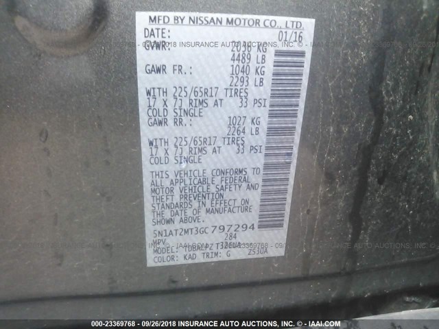 5N1AT2MT3GC797294 - 2016 NISSAN ROGUE S/SL/SV GRAY photo 9