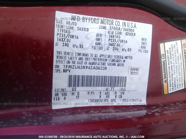 1FMZU63K94ZA06338 - 2004 FORD EXPLORER XLT/XLT SPORT/NBX 红色 照片 9