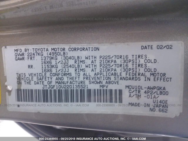 JTJGF10U220135521 - 2002 LEXUS RX 300 GOLD photo 9