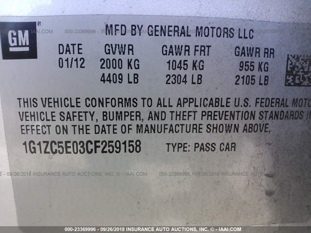 1G1ZC5E03CF259158 - 2012 CHEVROLET MALIBU 1LT SILVER photo 9