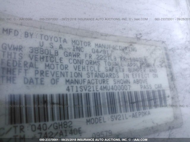 4T1SV21E4MU400007 - 1991 TOYOTA CAMRY DLX 白色 照片 9