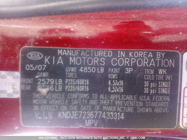 KNDJE723677433314 - 2007 KIA SPORTAGE EX/LX RED photo 9