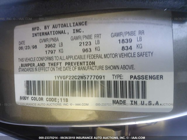 1YVGF22C2W5777091 - 1998 MAZDA 626 DX/LX TAN photo 9