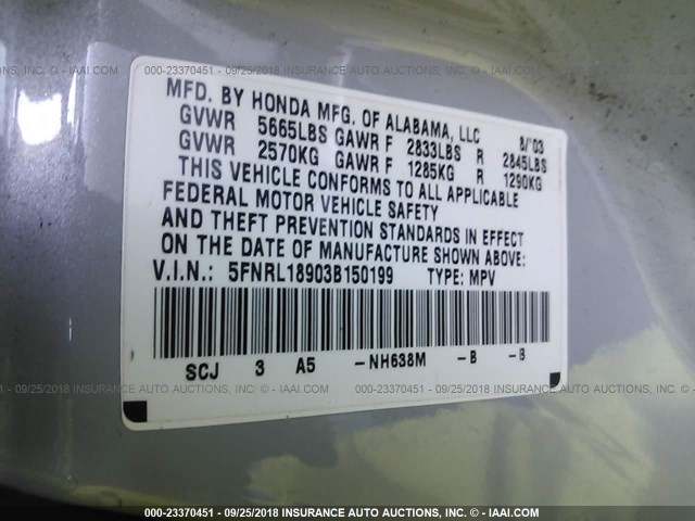 5FNRL18903B150199 - 2003 HONDA ODYSSEY EXL SILVER photo 9