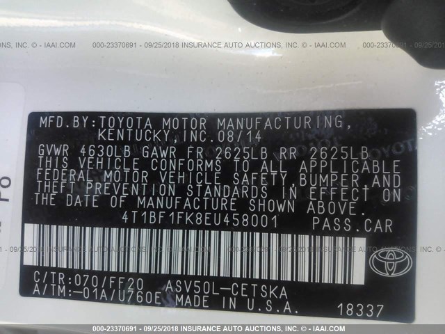 4T1BF1FK8EU458001 - 2014 TOYOTA CAMRY L/SE/LE/XLE თეთრი ფოტო 9