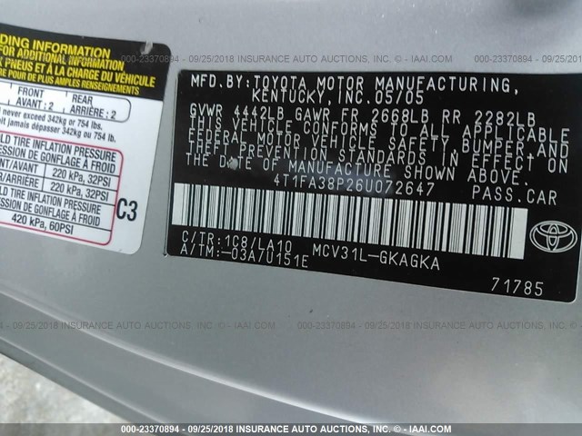 4T1FA38P26U072647 - 2006 TOYOTA CAMRY SOLARA SE/SLE Gümüş foto 9