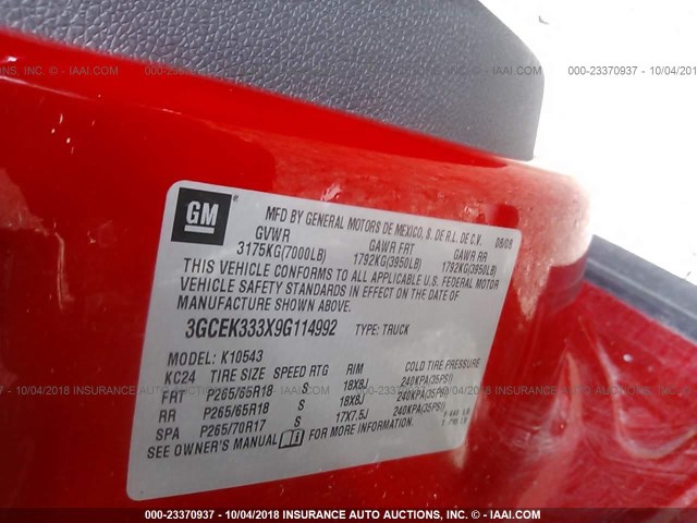 3GCEK333X9G114992 - 2009 CHEVROLET SILVERADO K1500 LTZ RED photo 9