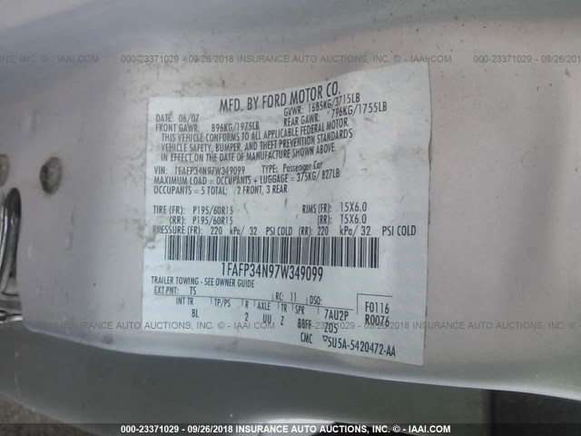 1FAFP34N97W349099 - 2007 FORD FOCUS ZX4/S/SE/SES ვერცხლისფერი ფოტო 9