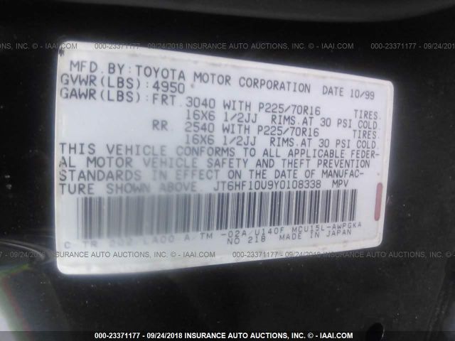 JT6HF10U9Y0108338 - 2000 LEXUS RX 300 BLACK photo 9