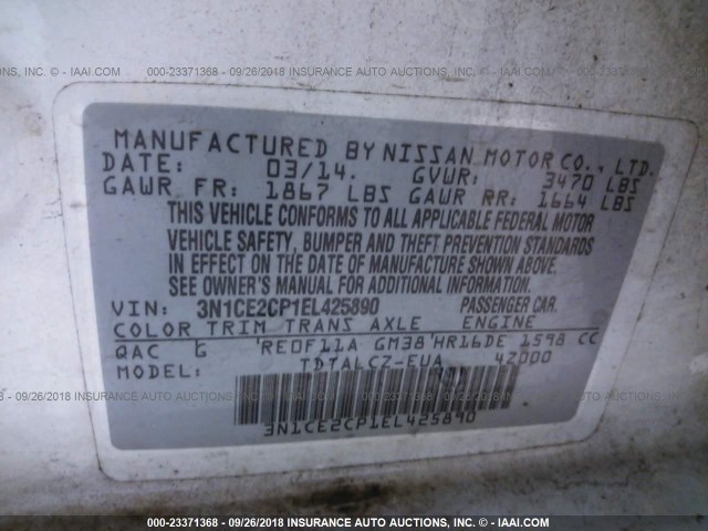 3N1CE2CP1EL425890 - 2014 NISSAN VERSA NOTE S/S PLUS/SV/SL WHITE photo 9