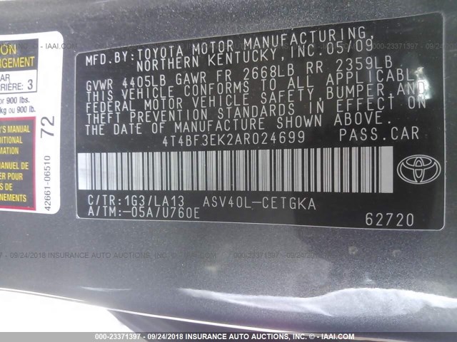 4T4BF3EK2AR024699 - 2010 TOYOTA CAMRY SE/LE/XLE ნაცრისფერი ფოტო 9