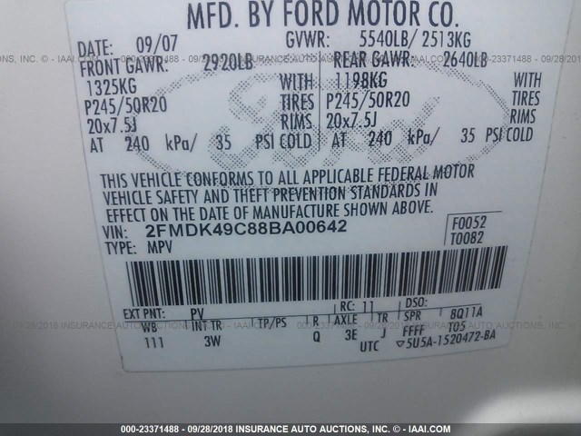 2FMDK49C88BA00642 - 2008 FORD EDGE LIMITED WHITE photo 9