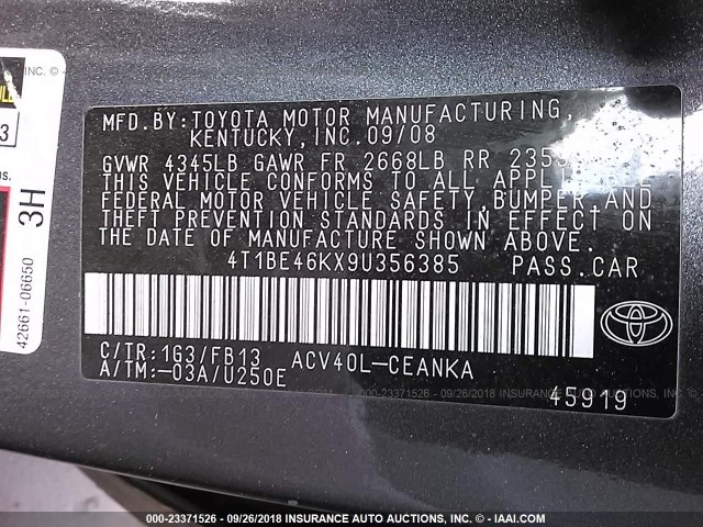 4T1BE46KX9U356385 - 2009 TOYOTA CAMRY SE/LE/XLE 灰色 照片 9