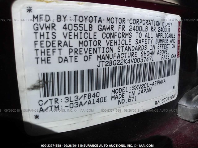 JT2BG22K4V0037471 - 1997 TOYOTA CAMRY LE/XLE Tünd qırmızı foto 9